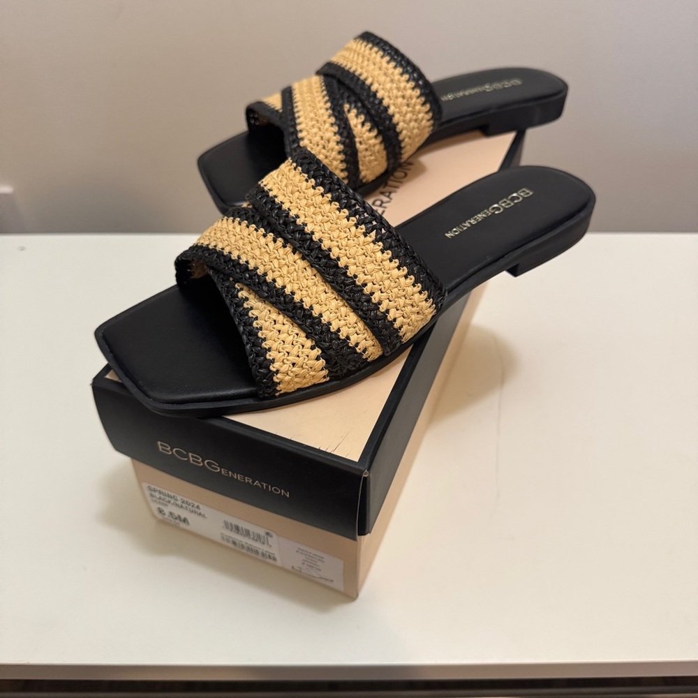 BCBGeneration Black and Tan Sandals with Braided Straps